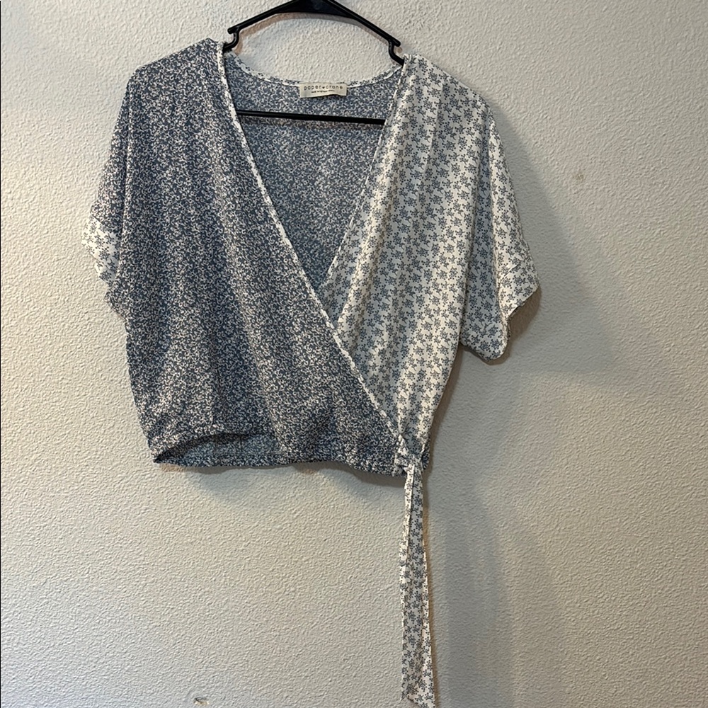 Paper Crane Blue and White Patterned Top with tie side